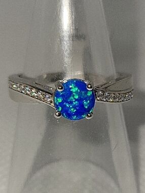 Sterling Silver Blue-Green Opal Solitaire Ring with Pavé Accents